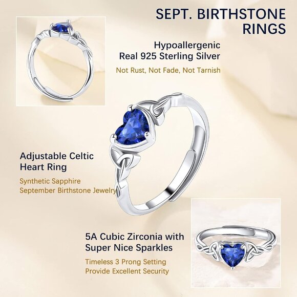 925 Sterling Silver Good Luck Celtic Twisted Knot/Claddagh Heart Birthstone Ring - Picture 4 of 7